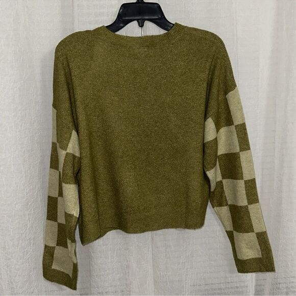 blu pepper XL Olive Moth Green Heather Knit Crew Checker Sleeve Boxy Sweater - Picture 6 of 15